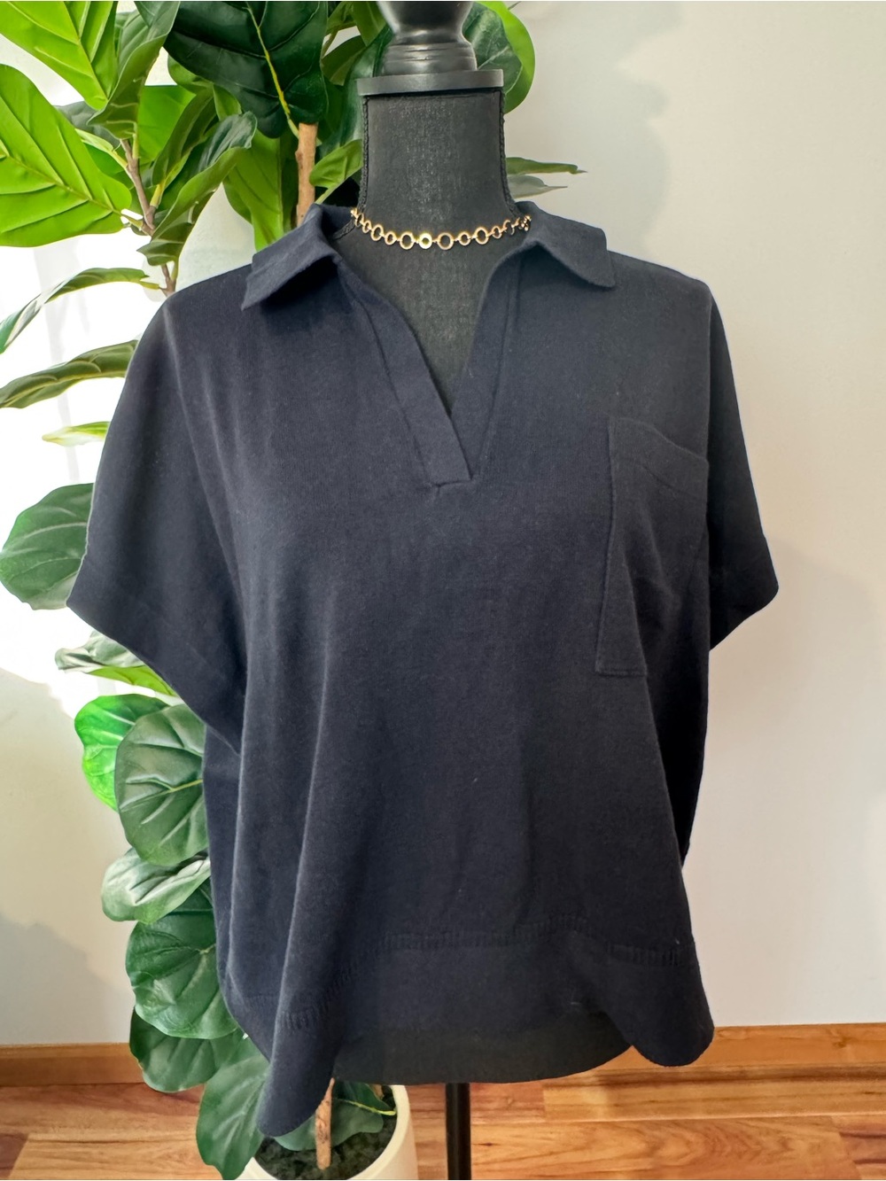 Banana Republic Black Short-Sleeve Polo-Style Knit Top